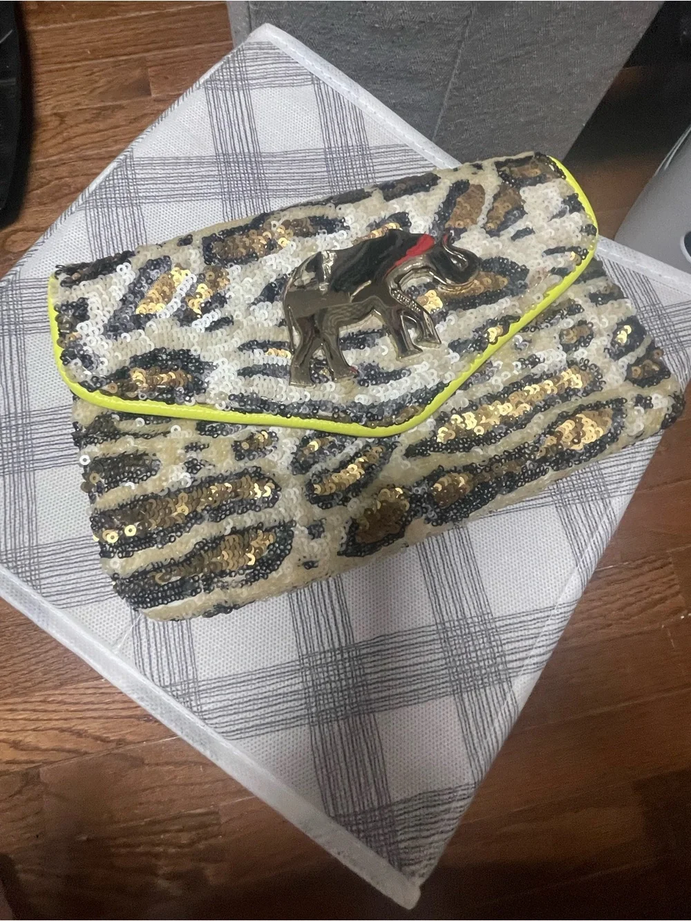 Sequined Animal-Print Clutch with Elephant Accent - White/Gold/Black